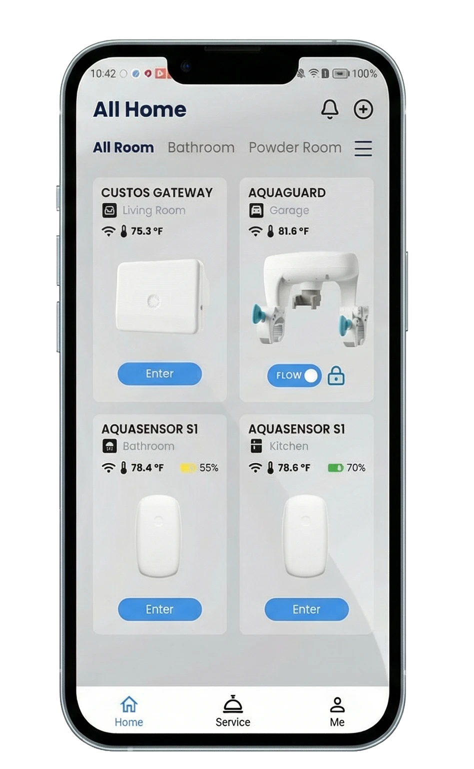 Custos App on a phone showing all connected devices